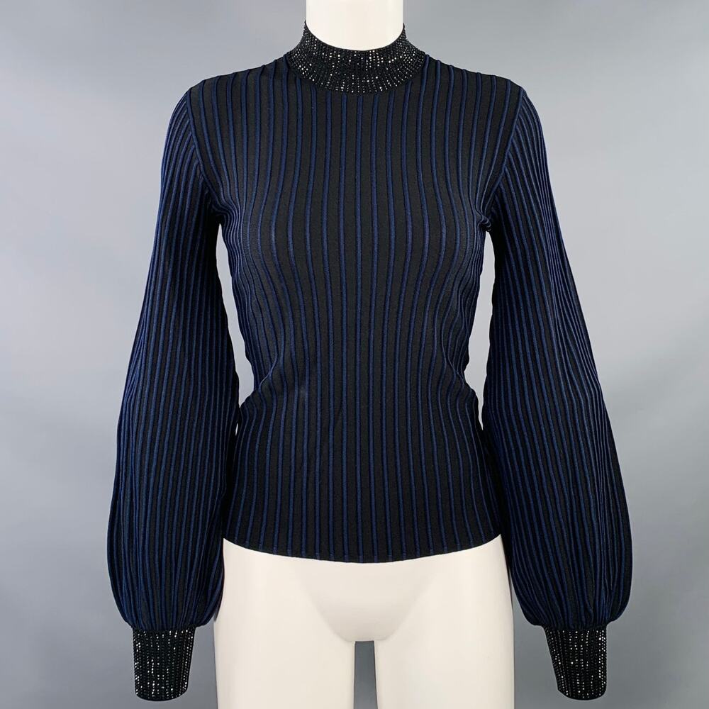 EMPORIO ARMANI Size S Black Navy Viscose Blend Stripe Mock Neck Dress Top